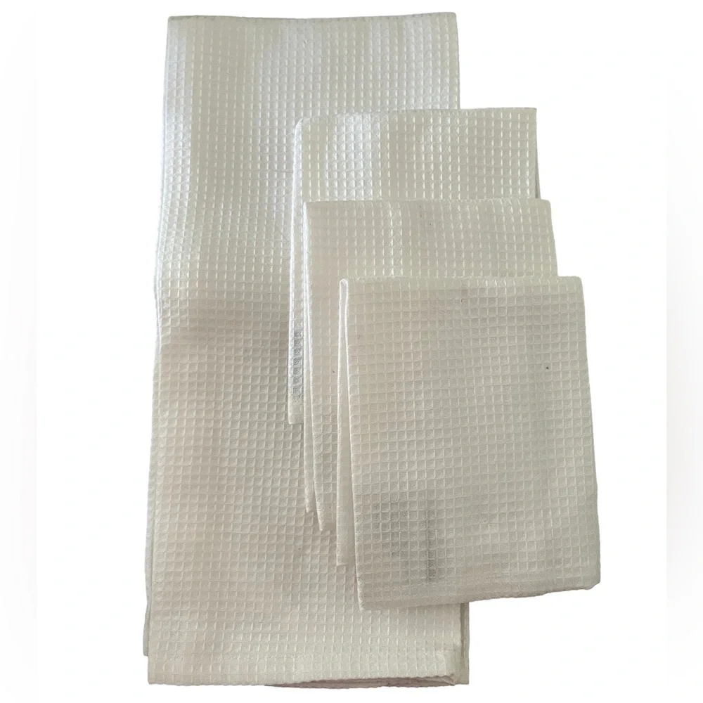 Set of Two White Waffle Weave Kitchen Towels and Three Dishclothes